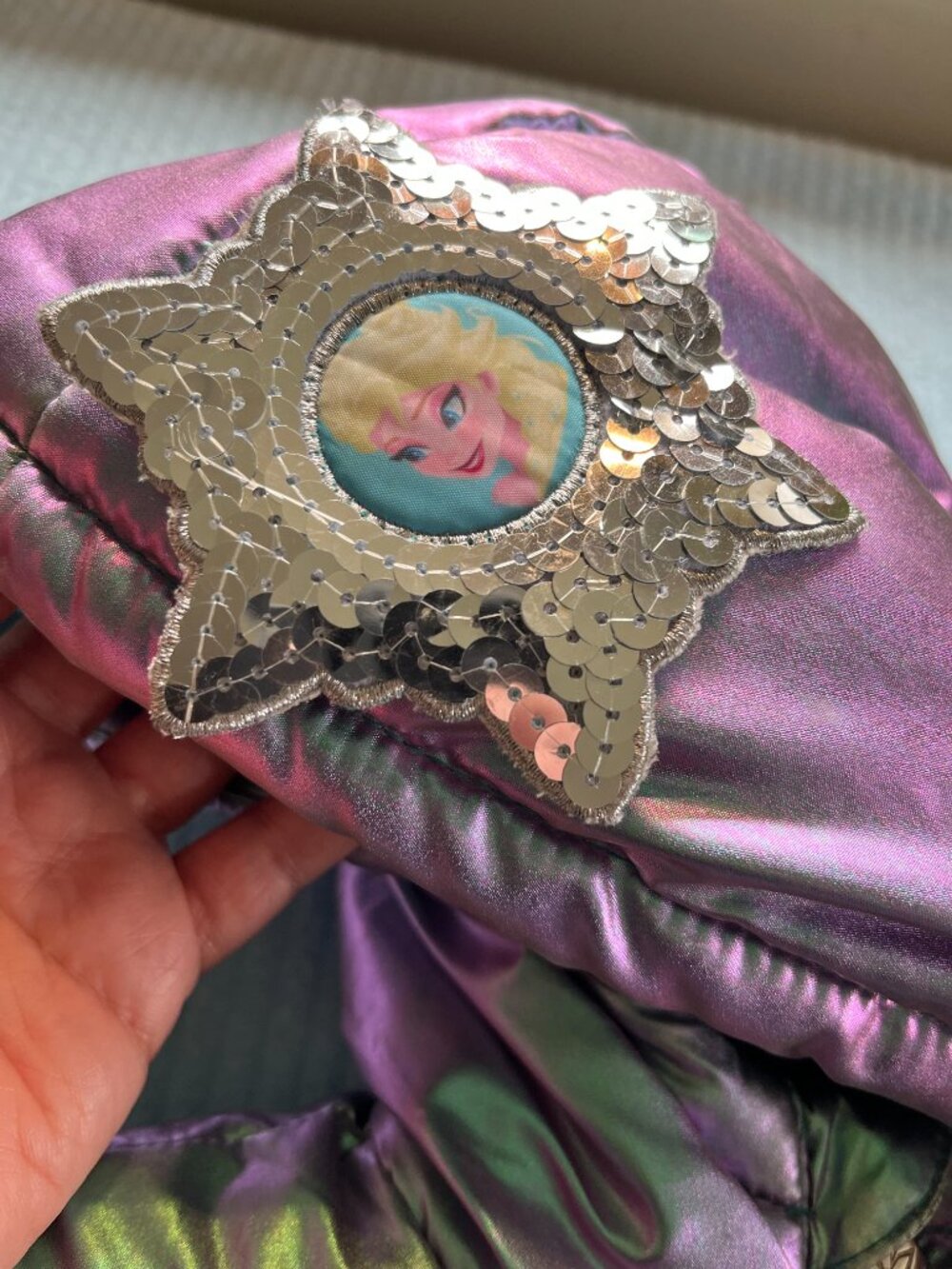 Disney Frozen Elsa Iridescent Puffer Jacket 3T - Sequin Snowflake Hood (EUC)